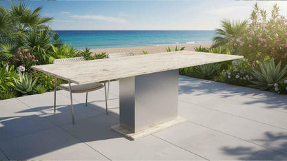 "Naturstein Gartentisch Ivory Cream - Edles Beige, winterhart und pflegeleicht für die Terrasse."