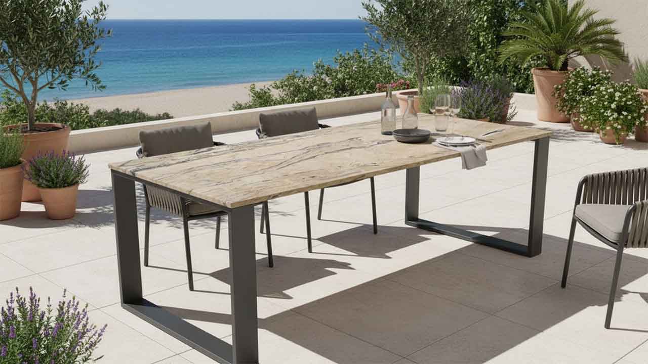 "Gartentisch Pura Prada Gold – Gelb-brauner Granit mit anthrazitfarbenen Adern, wetterfest nach Maß online konfigurieren."