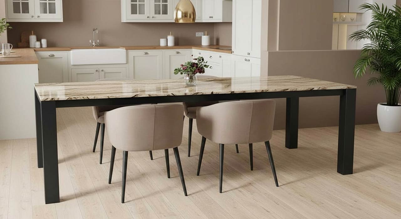 Caicos mit Tischgestell in schwarz und beiger Granitplatte Ivory cream