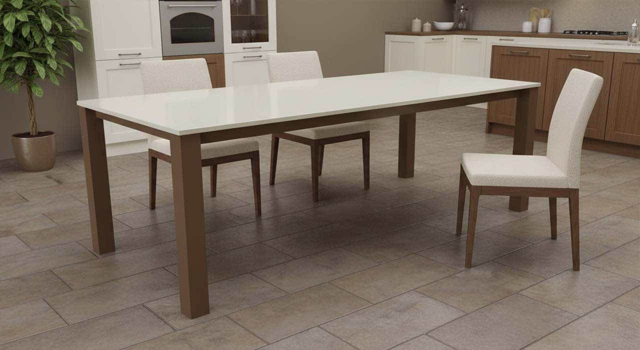 Esstisch Caicos Gestell braun mit beiger Dekton Keramik tischplatte online nach mass konfigurieren