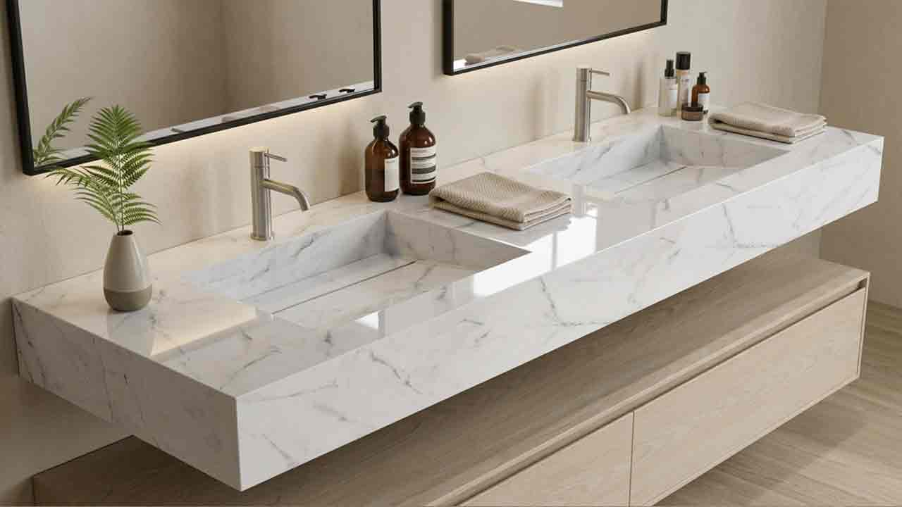 Design-Waschtisch Simplicity Silestone Et Calacatta in weißer Marmoroptik mit feinen grauen Adern, Waschbecken mit Ablage, fugenlos integriertem Monobecken und Maßanfertigung bis 250 cm.