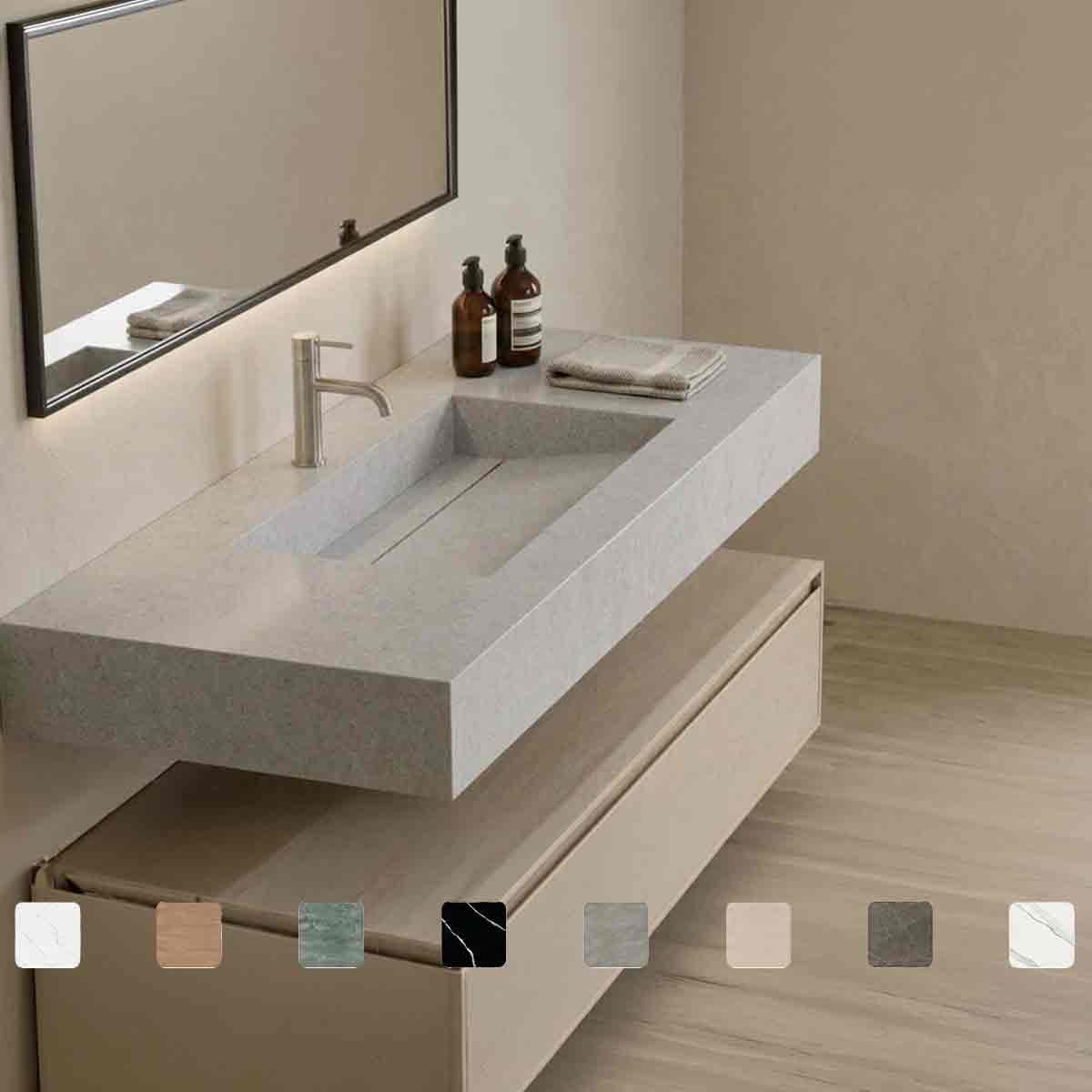 Exklusiver Design-Waschtisch Simplicity Lagoon aus Silestone in Creme-Grau-Beige mit Waschbecken mit Ablage, fugenlos integriertem Monobecken und Maßanfertigung bis 250 cm, optional als Doppelwaschtisch.