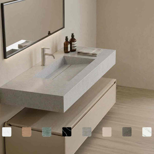 Exklusiver Design-Waschtisch Simplicity Lagoon aus Silestone in Creme-Grau-Beige mit Waschbecken mit Ablage, fugenlos integriertem Monobecken und Maßanfertigung bis 250 cm, optional als Doppelwaschtisch.