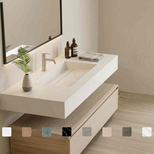 Exklusiver Design-Waschtisch Simplicity Siberian aus Silestone in cremebeiger Natursteinoptik mit Waschbecken mit Ablage, fugenlos integriertem Monobecken und Maßanfertigung bis 250 cm, optional als Doppelwaschtisch.