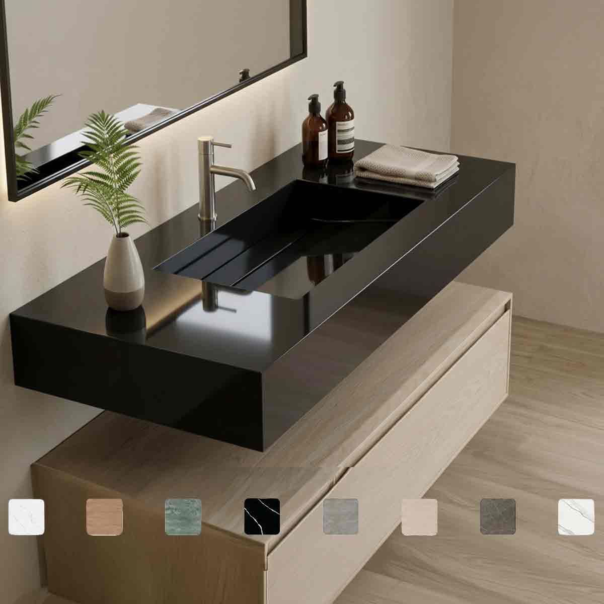 Exklusiver Design-Waschtisch Simplicity Arden Blue aus Silestone in Anthrazit bis Schwarz mit Waschbecken mit Ablage, fugenlos integriertem Monobecken und Maßanfertigung bis 250 cm, optional als Doppelwaschtisch.