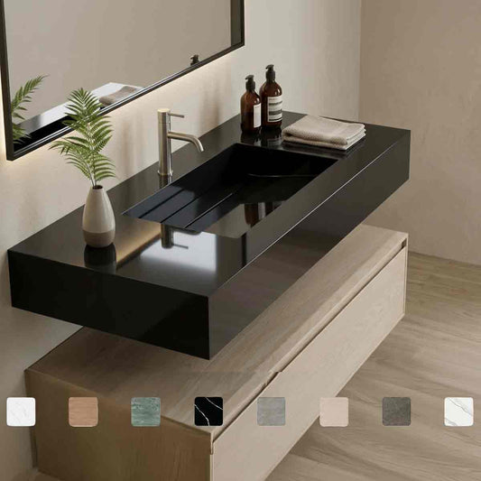 Exklusiver Design-Waschtisch Simplicity Arden Blue aus Silestone in Anthrazit bis Schwarz mit Waschbecken mit Ablage, fugenlos integriertem Monobecken und Maßanfertigung bis 250 cm, optional als Doppelwaschtisch.