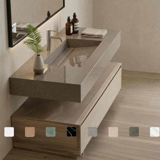 Exklusiver Design-Waschtisch Simplicity Coral Clay aus Silestone in cremebrauner Natursteinoptik mit Waschbecken mit Ablage, fugenlos integriertem Monobecken und Maßanfertigung bis 250 cm.