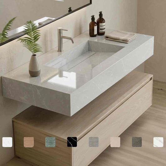 Exklusiver Design-Waschtisch Simplicity Desert Silver aus Silestone mit eleganter grauer Oberfläche, feinen Bänderungen, Waschbecken mit Ablage und fugenlos integriertem Monobecken, Maßanfertigung bis 250 cm.