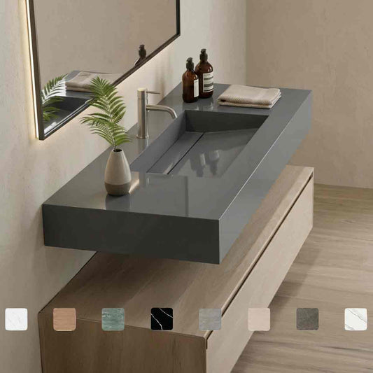 Exklusiver Design-Waschtisch Simplicity Linen Cream aus Silestone in cremefarbener Natursteinoptik mit Waschbecken mit Ablage, fugenlos integriertem Monobecken und Maßanfertigung bis 250 cm, optional als Doppelwaschtisch.
