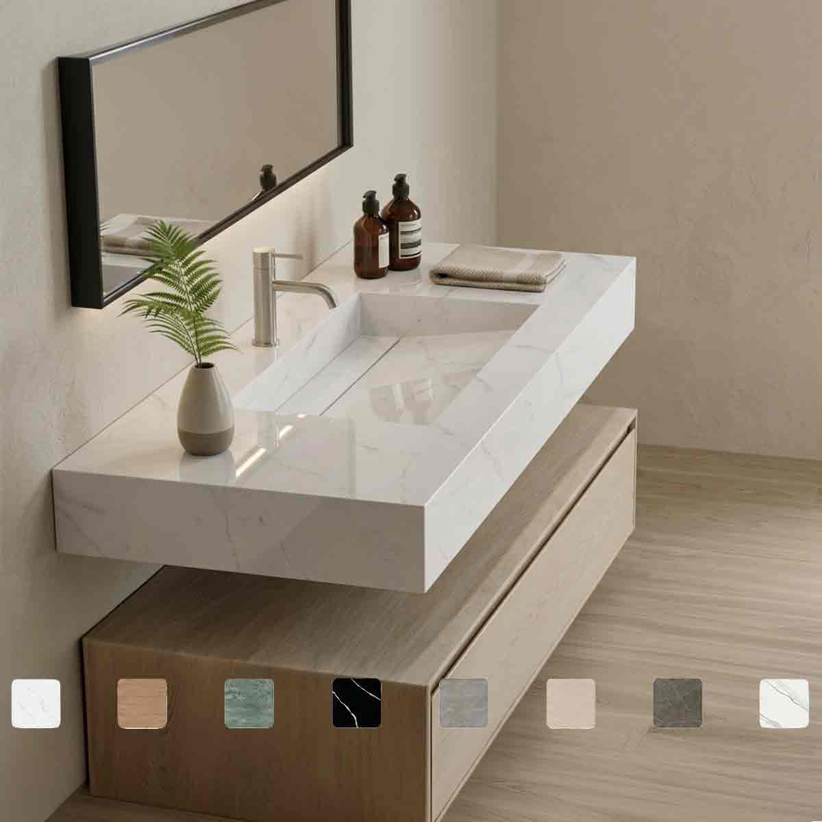Design-Waschtisch Simplicity Linen Cream aus Silestone in cremefarbener Natursteinoptik mit Waschbecken mit Ablage, fugenlos integriertem Monobecken und Maßanfertigung bis 250 cm, optional als Doppelwaschtisch.