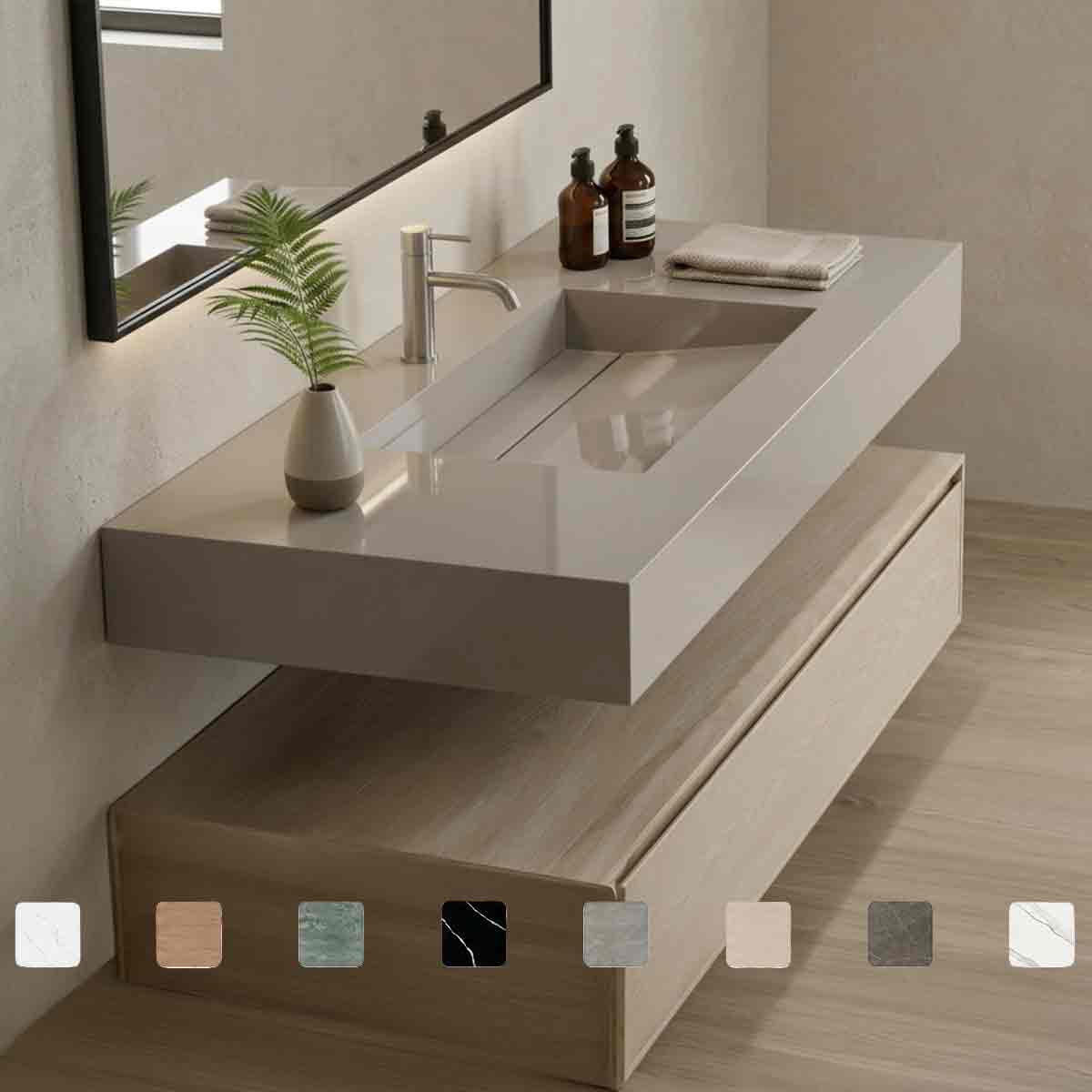 Design-Waschtisch Simplicity Motion Grey aus Silestone mit moderner grauer Oberfläche, Waschbecken mit Ablage, fugenlos integriertem Monobecken und Maßanfertigung bis 250 cm.