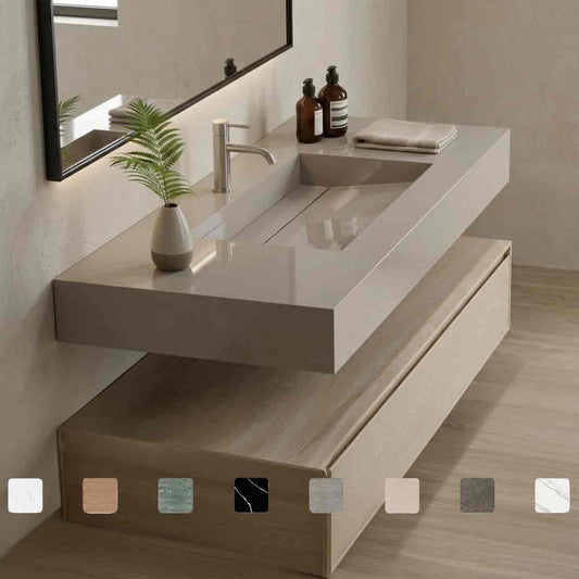 Design-Waschtisch Simplicity Motion Grey aus Silestone mit moderner grauer Oberfläche, Waschbecken mit Ablage, fugenlos integriertem Monobecken und Maßanfertigung bis 250 cm.