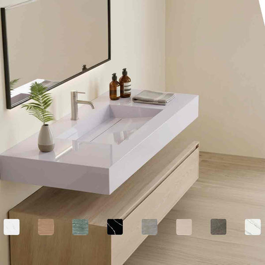 Exklusiver Design-Waschtisch Simplicity White Storm aus Silestone in reinweißer Oberfläche mit Waschbecken mit Ablage, fugenlos integriertem Monobecken und Maßanfertigung bis 250 cm, optional als Doppelwaschtisch.