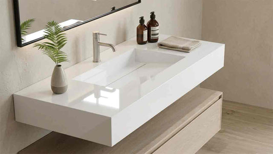 Design-Waschtisch Simplicity aus Silestone mit Waschbecken mit Ablage, fugenlos integriertem Monobecken, moderner Quarzoberfläche und Maßanfertigung von 90 bis 250 cm, online konfigurieren.