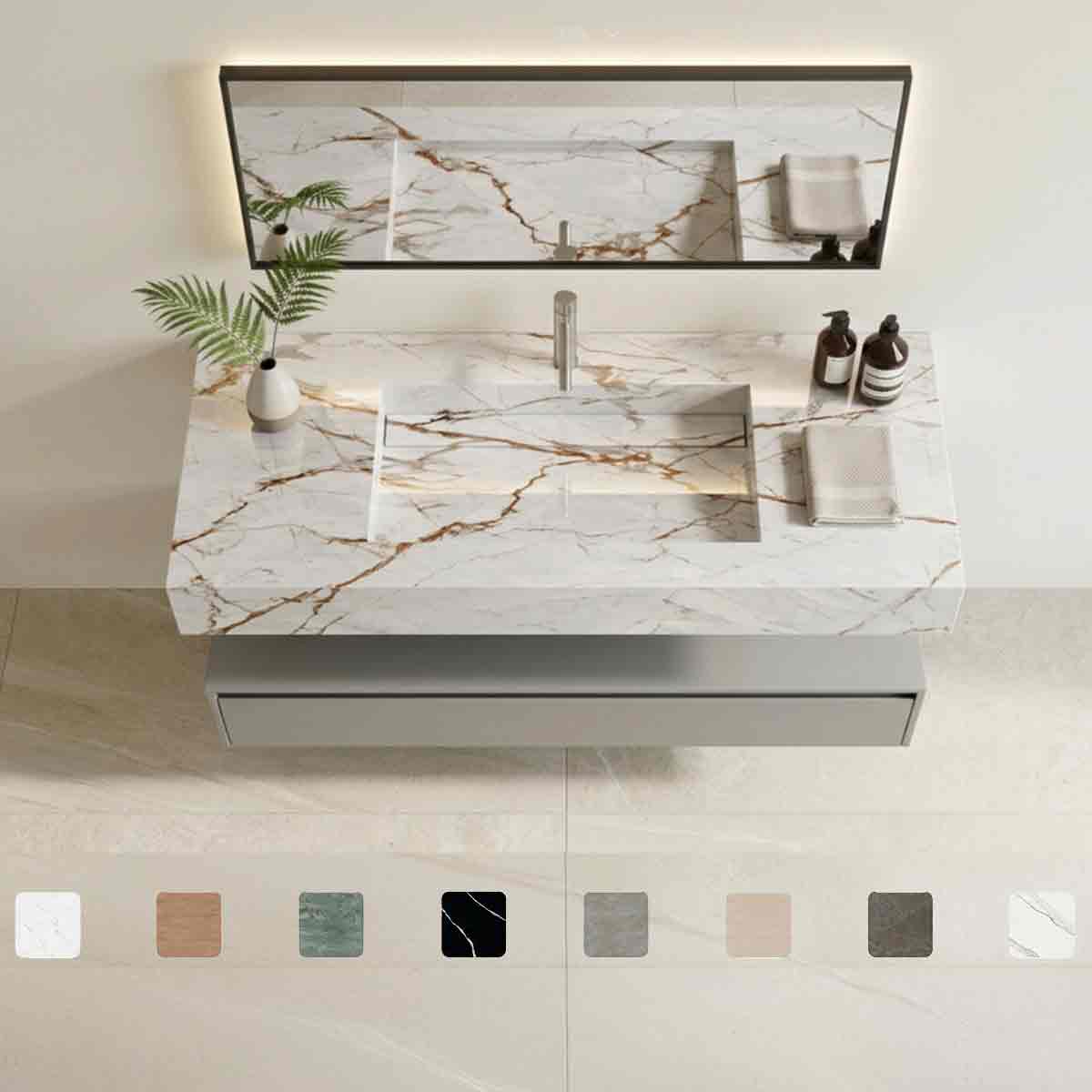 Design-Waschtisch Simplicity Awake aus Dekton-Keramik mit Waschbecken mit Ablage, heller Oberfläche und braunen Adern, fugenlos integriertem Monobecken und Maßanfertigung bis 250 cm, online konfigurieren.