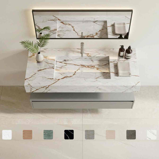 Design-Waschtisch Simplicity Awake aus Dekton-Keramik mit Waschbecken mit Ablage, heller Oberfläche und braunen Adern, fugenlos integriertem Monobecken und Maßanfertigung bis 250 cm, online konfigurieren.