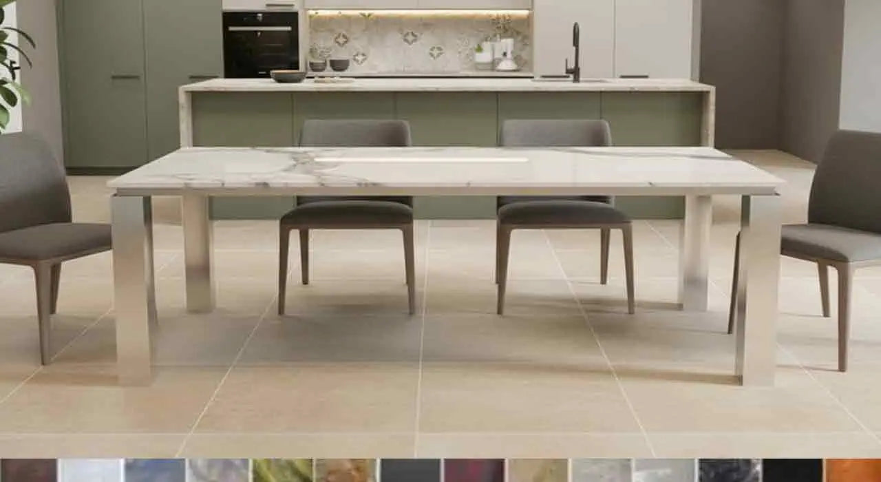 o	Modell Quadro: Markantes Tisch-Design aus Handarbeit, online konfigurierbar in über 40 exklusiven Naturstein-Farben.