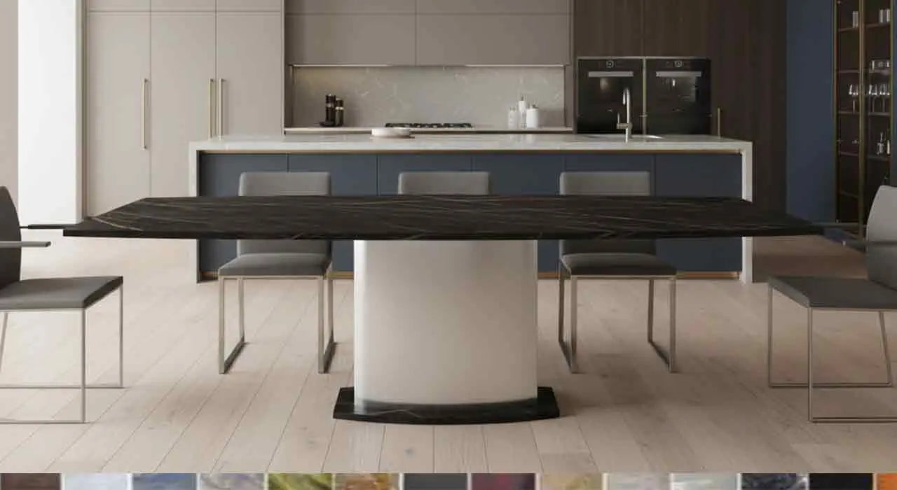 o	Modell Quadro: Markantes Tisch-Design aus Handarbeit, online konfigurierbar in über 40 exklusiven Naturstein-Farben.