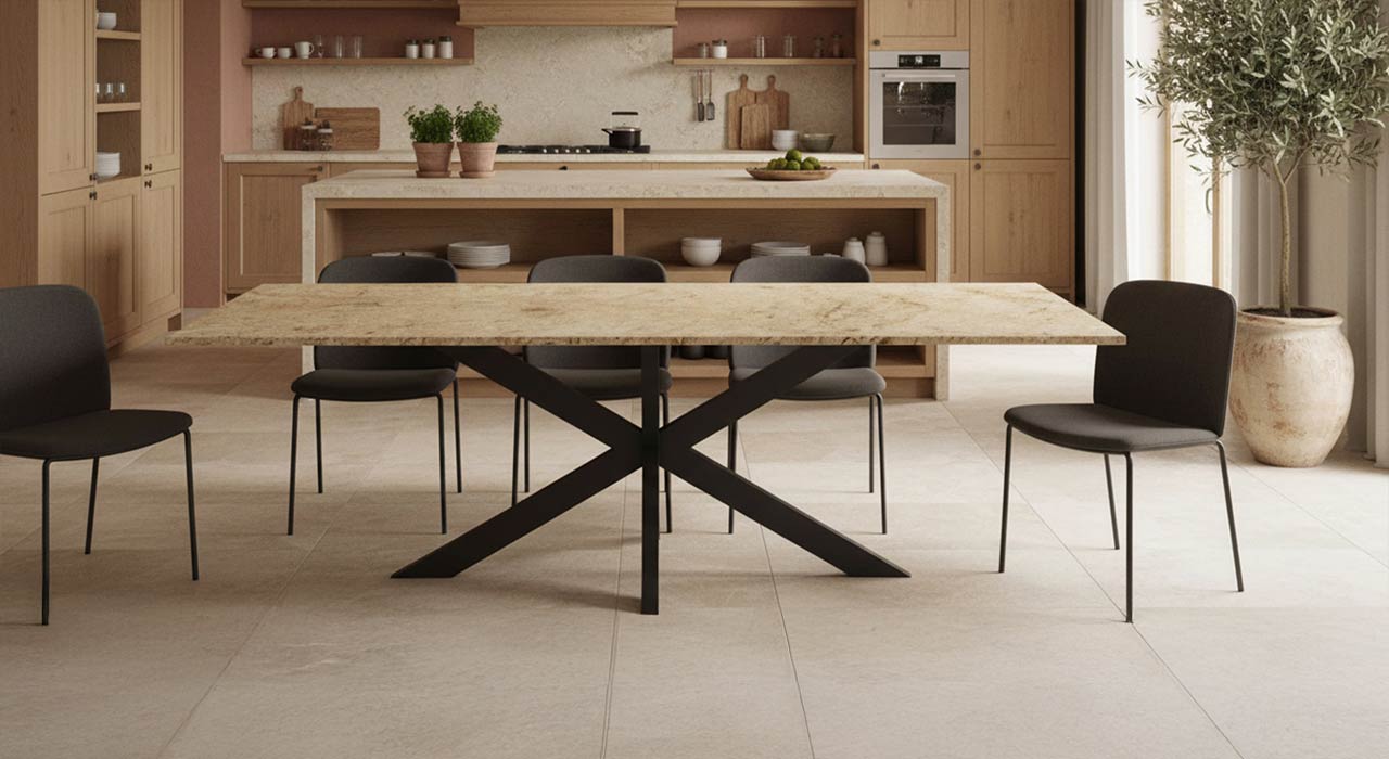 Lumu mit schwarzem Tischgestell und beiger Marmorplatte