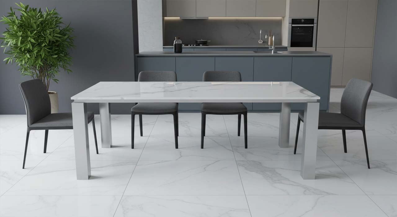 Esstisch Manea Edelstahl mit weiser Keramiktischplatte und grauer Bänderung online nach mass konfigurieren