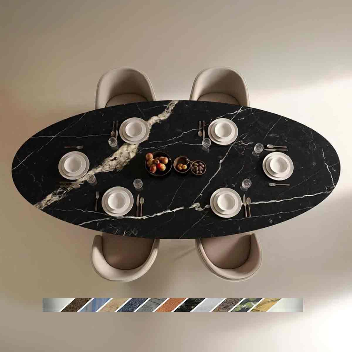 Ovaler Esstisch Novalis mit Nero Marquina Marmor, tiefschwarzer Naturstein mit markanten weißen Adern und eleganten Bänderungen in exklusiver Natursteinoptik.