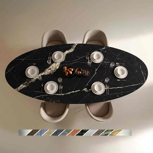 Ovaler Esstisch Novalis mit Nero Marquina Marmor, tiefschwarzer Naturstein mit markanten weißen Adern und eleganten Bänderungen in exklusiver Natursteinoptik.