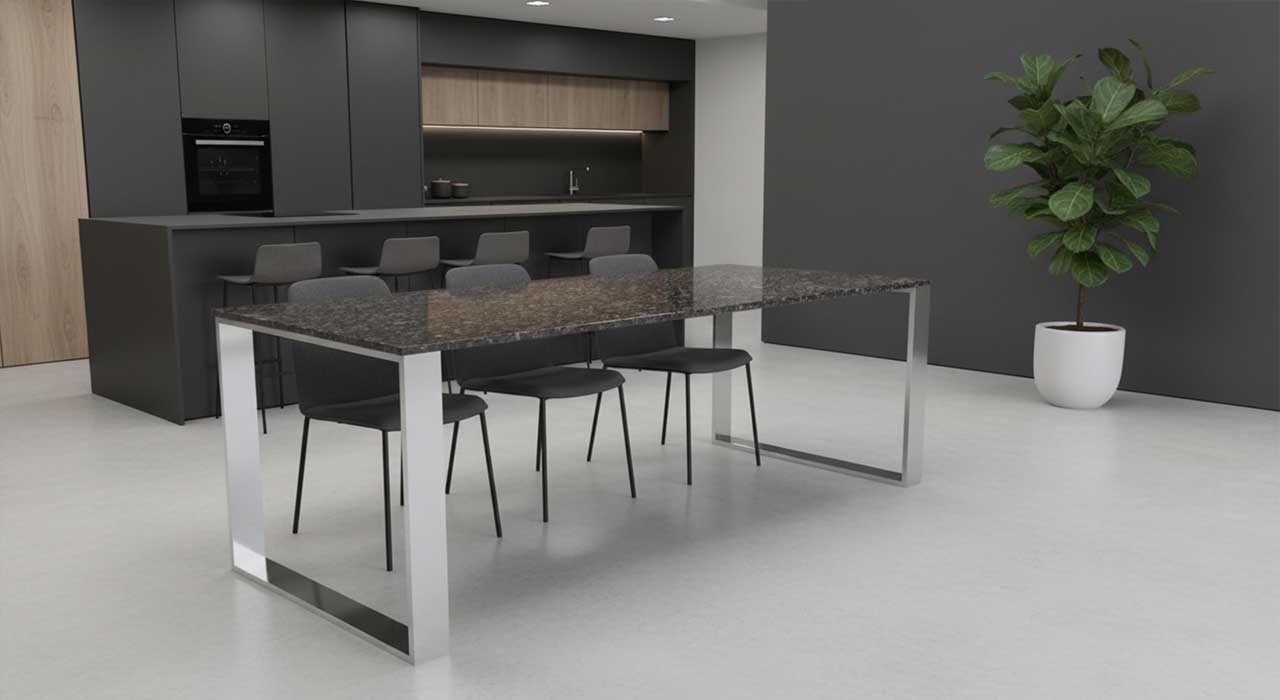 Esstisch Pura in Edelstahl mit Granit Baltic brown nach mass online konfigurieren.