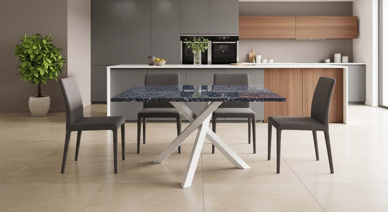 Quadro mit weisem Tischgestell und blau grauer Steinplatte online nach mass konfigurieren