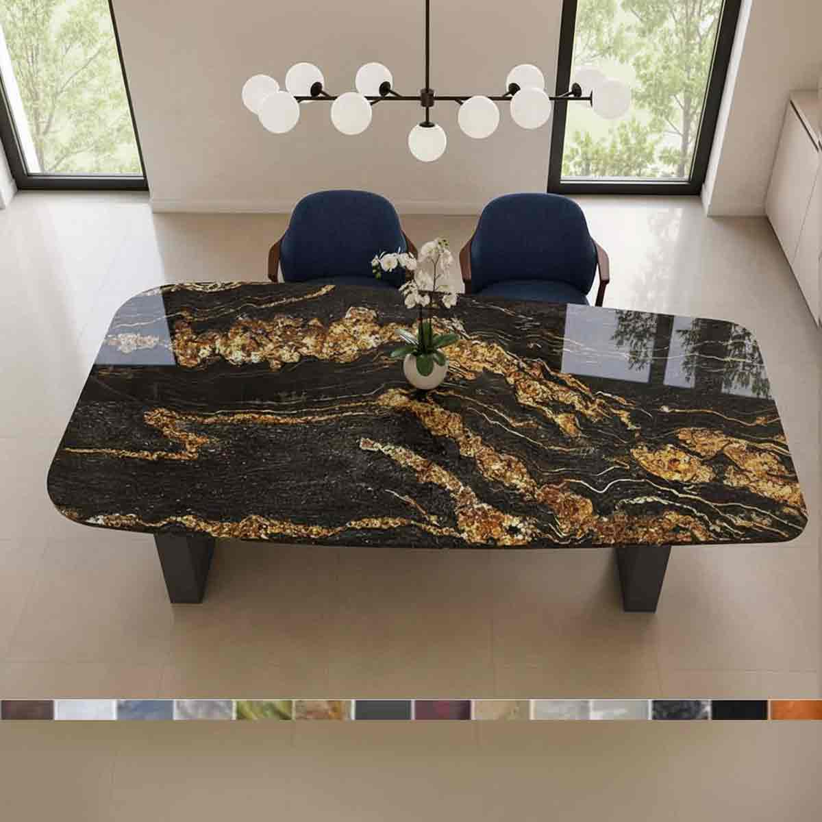 Esstisch Steinplatte in gerundeter Form mit Granit Schwarz mit Goldener Bänderung Magna Back Gold online konfiguriereen