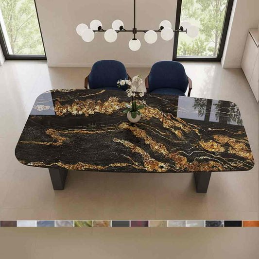 Esstisch Steinplatte in gerundeter Form mit Granit Schwarz mit Goldener Bänderung Magna Back Gold online konfiguriereen