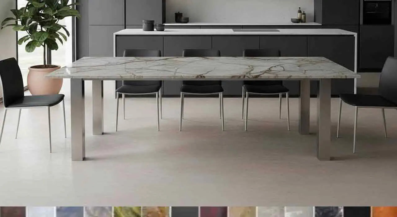 Klassischer Esstisch Xenos: Zeitlose Handarbeit nach Maß, online planbar mit über 40 verschiedenen Material-Optionen.