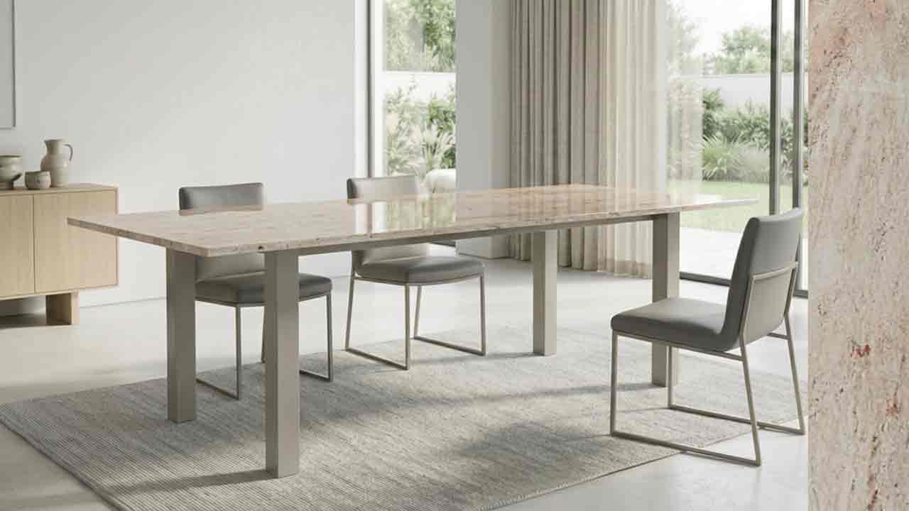 Esstisch Xenos Jura Gelb – Design-Esstisch mit mediterraner Natursteinplatte aus Jura Gelb. Maßanfertigung vom Fachbetrieb mit über 20 Jahren Erfahrung