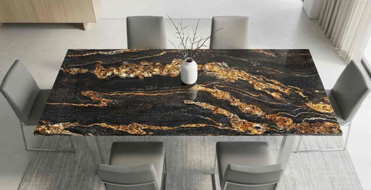 Esstisch Xenos aus Granit Magna Black Gold mit schwarzer Natursteinplatte und goldfarbener Maserung bis 300 cm online konfigurieren