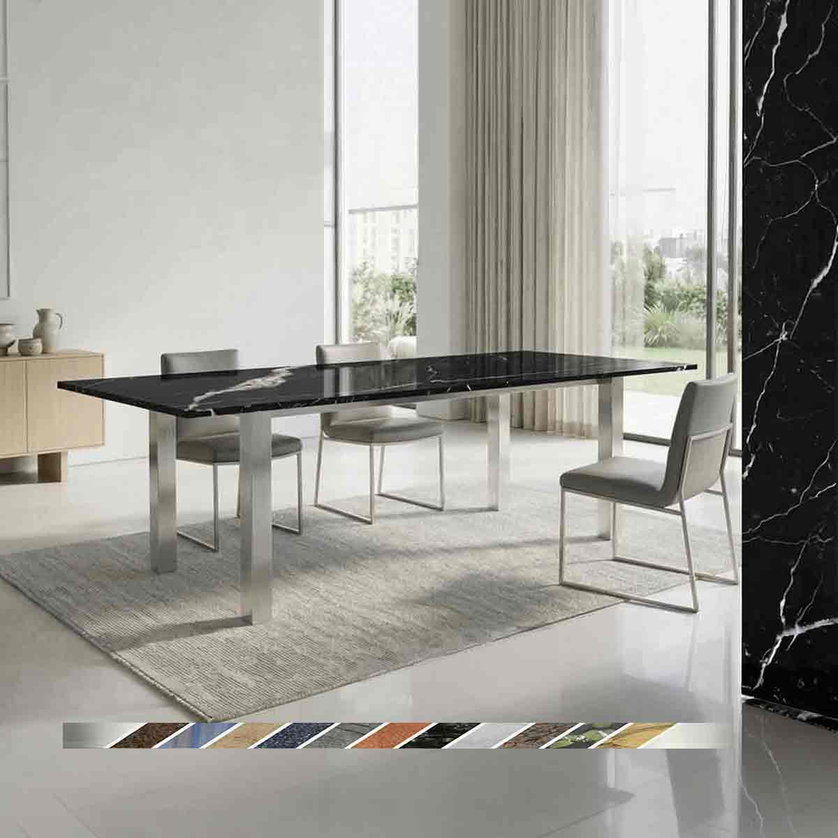 Esstisch Xenos aus Marmor Nero Marquina mit tiefschwarzer Natursteinplatte und markanten weißen Adern bis 300 cm online konfigurieren