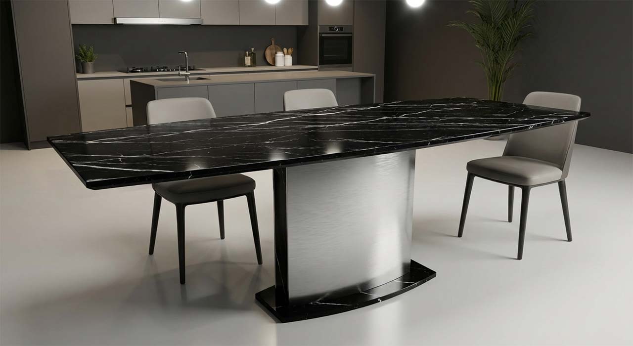 Esstisch Terra in Bootsform mit schwarz weiser Silestone Tischplatte online konfgurieren