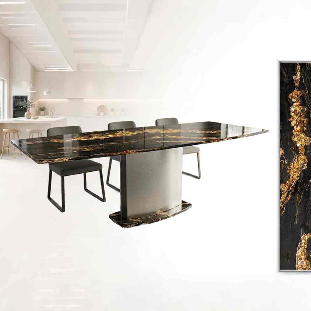 Esstisch in Botsform mit Granit Unika in Schwarz Gold online kobinieren bis 12 Personen