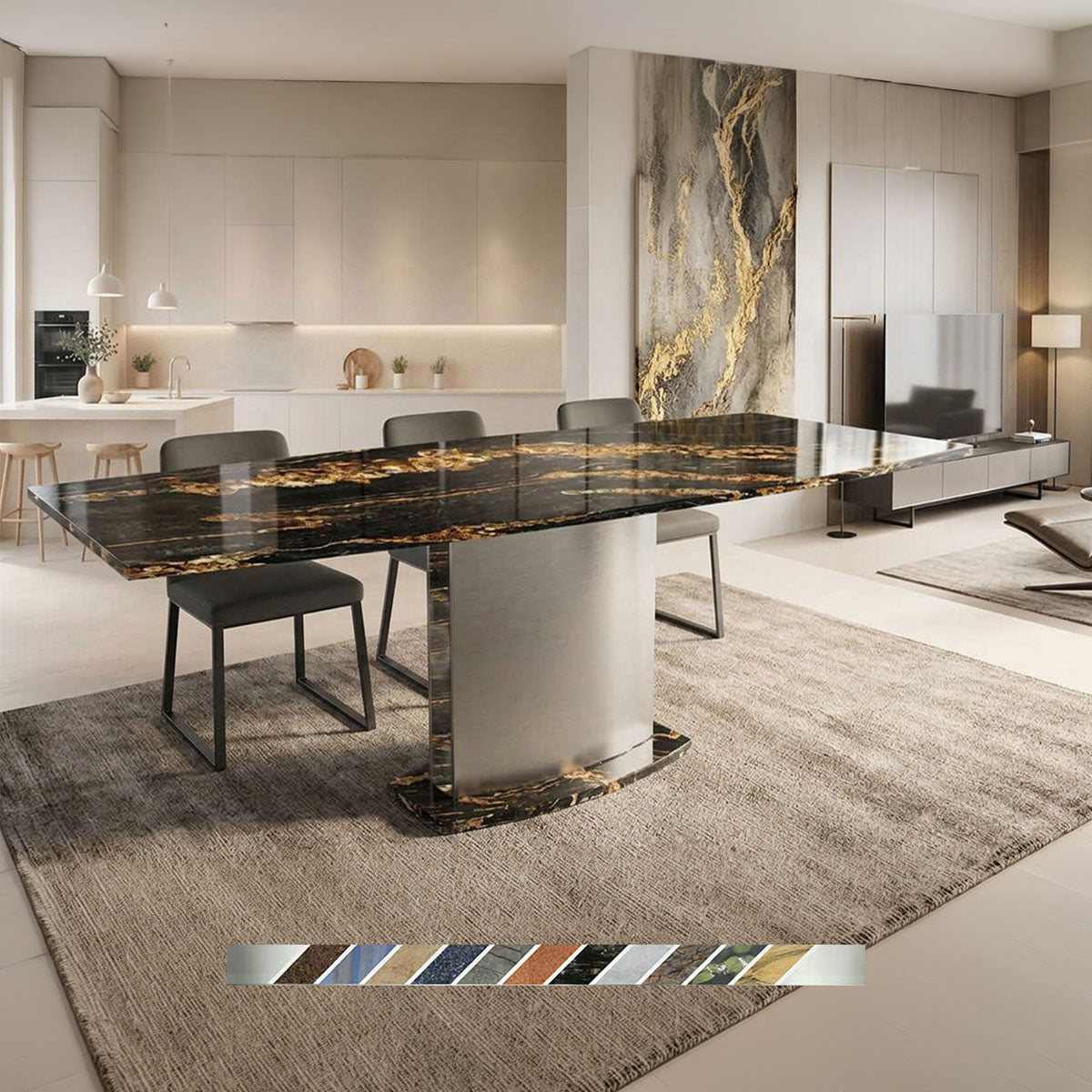 Design-Esstisch TERRA mit Magna Black Gold Granit Tischplatte – Tischsockel wahlweise in fein gebürstetem Edelstahl oder individuell in einer Wunschfarbe gefertigt.