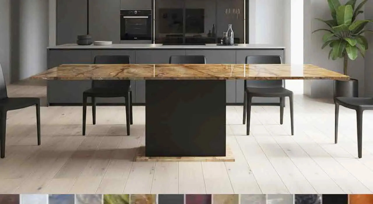 Esstisch Kitts mit Säulenfuß: Handgefertigtes Naturstein-Design, individuell planbar in 40 exklusiven Materialien.