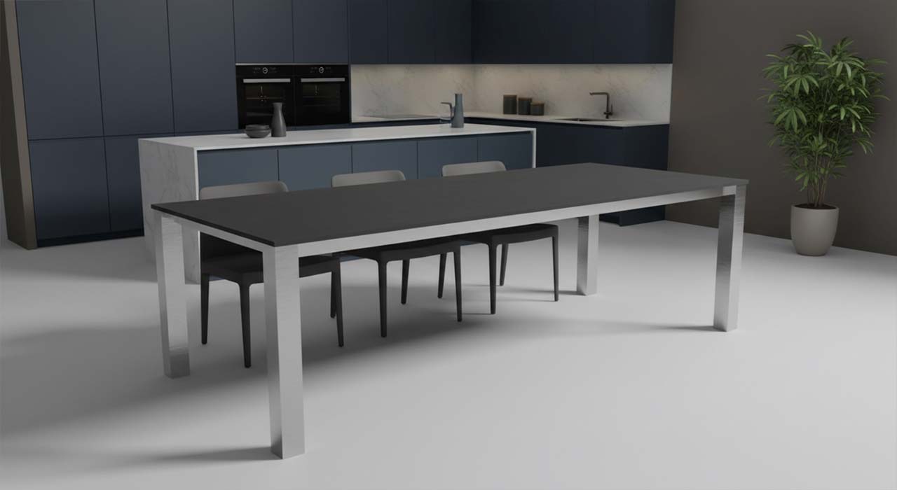Esstisch Caicos delstahl mit sxharzerKeramiktischplatte bis 300 cm. Preise online konfigurieren