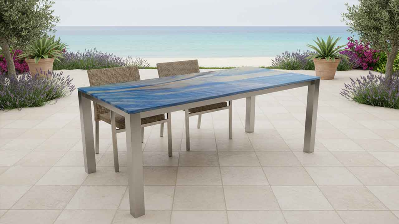 Gartentisch Aruba exclusiv Line mit edlem Azul do Macaubas Quarzit in blau. Mass online konfigurierbar