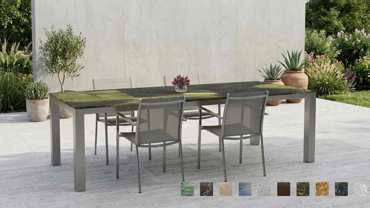 Gartentisch Caicos in matter Steinplatte geanit Avocatus dunkegrün hellgrün und weis aussergewöhnlich changierende Oberfläche mit standsicherem mTischgestell bis 12 personen online konfigurieren