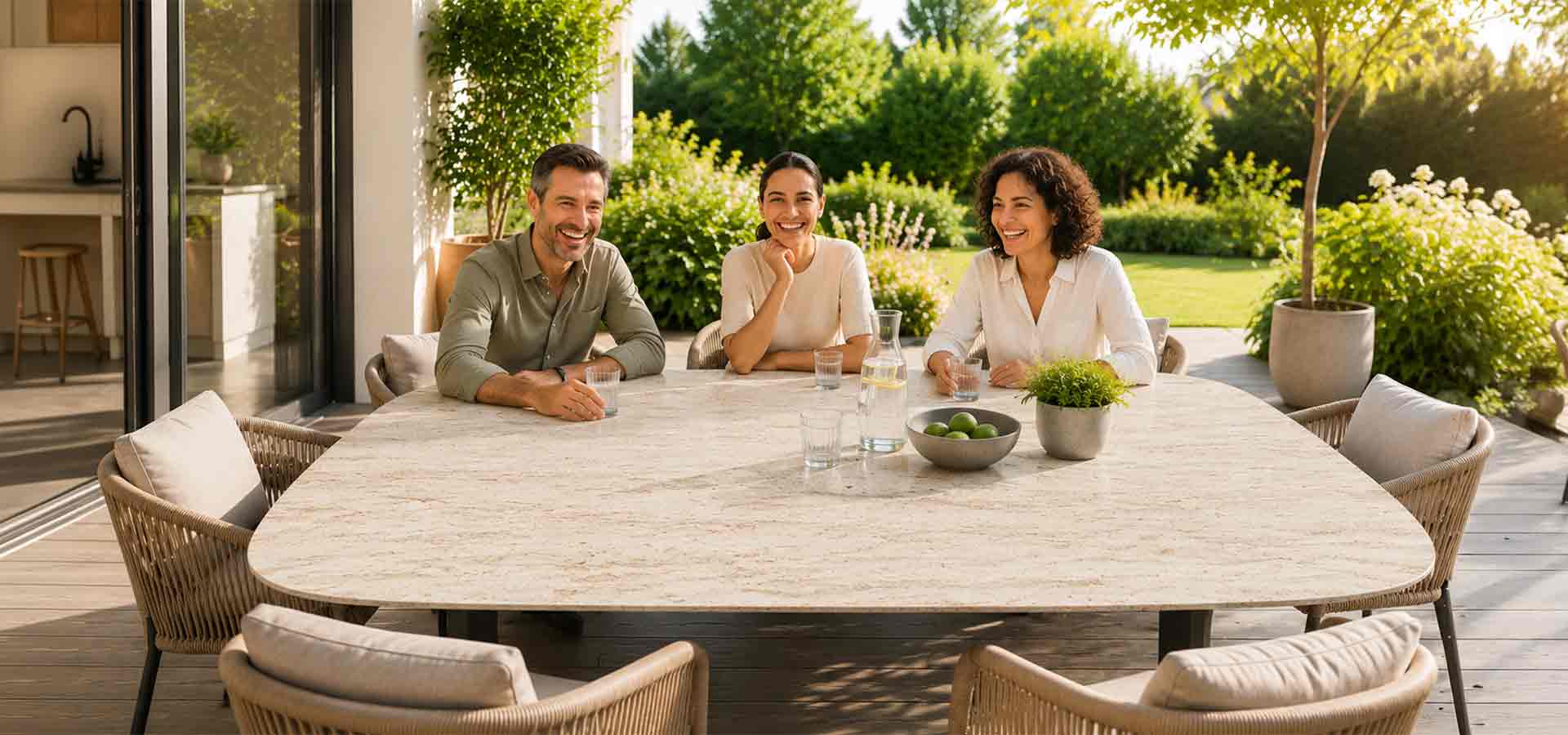 Ideale Gartentischgröße für eckige und runde Gartentische – Familie an einem maßgefertigten Naturstein-Gartentisch auf der Terrasse