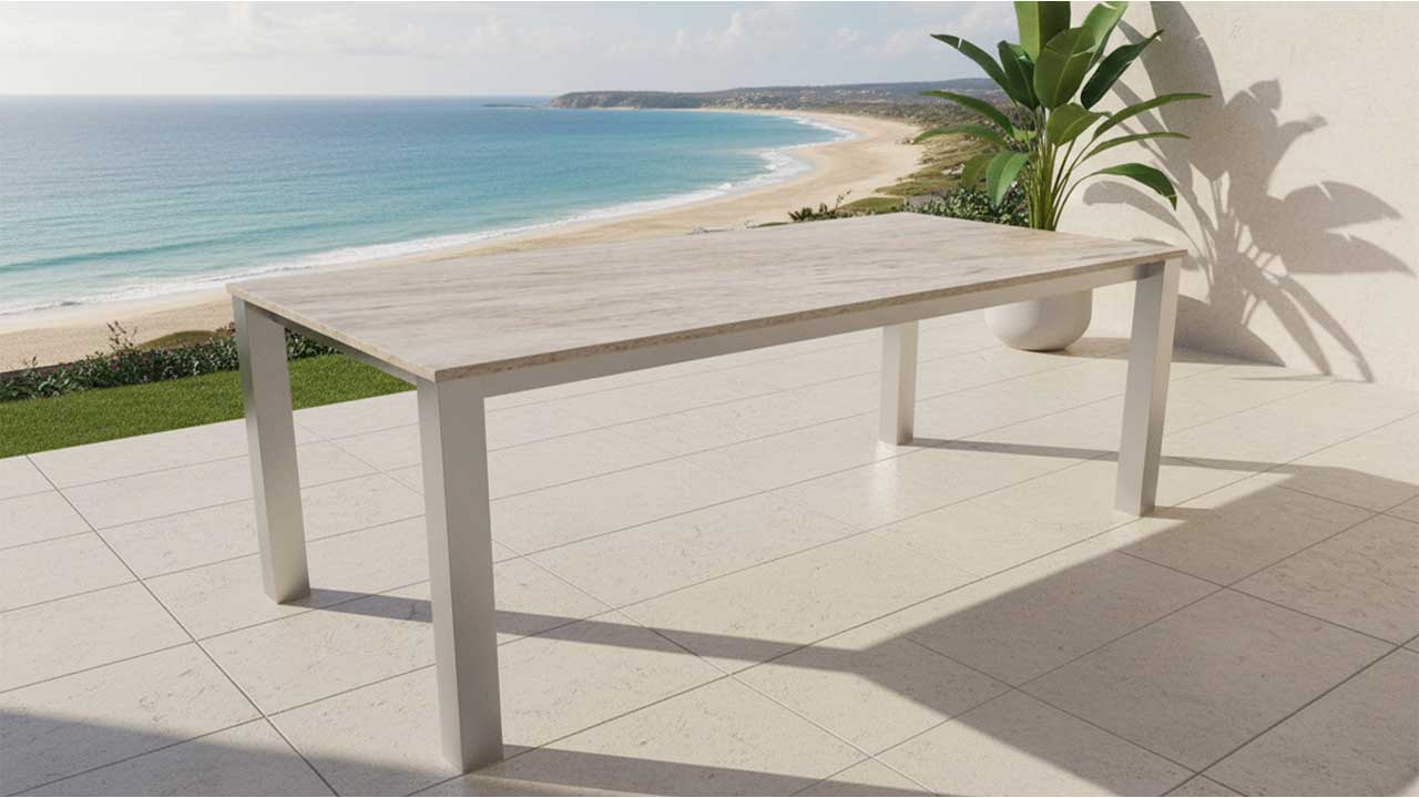 Gartentisch Caicos mit Edelstal und Steinplatte wetterhart. Online konfigurieren