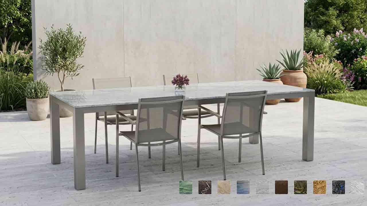 Gartentisch Caicos mit heller Steinplatte Sirius white mit anthrazit Farbener Bänderung bis 300 cm online nach Wunsch konfigurieren