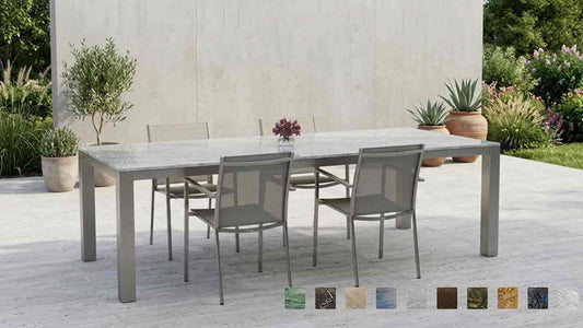 Gartentisch Caicos mit heller Steinplatte Sirius white mit anthrazit Farbener Bänderung bis 300 cm online nach Wunsch konfigurieren