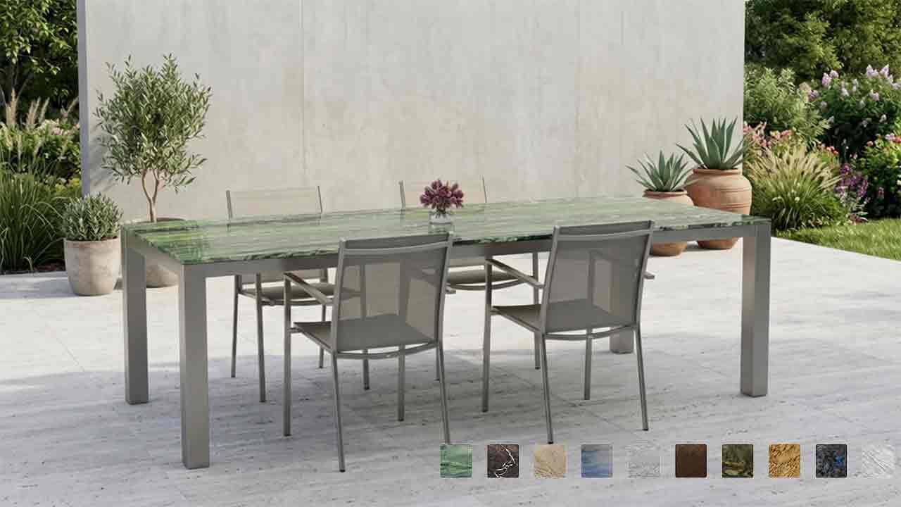 Gartentisch aus exclusivem Verde Dorato in günvarianten mit Anthraziten Adern und Edelstahl Tischgestell online nach Wunschmass onfigurieren