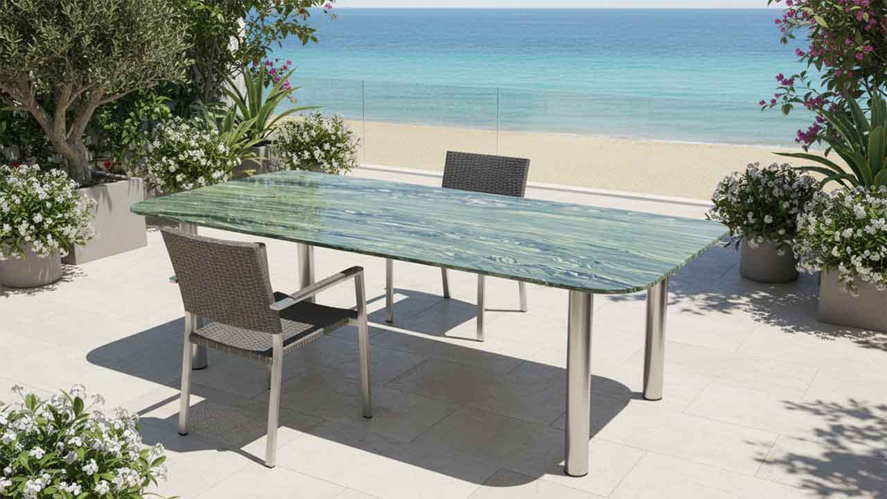 Wetterharter Gartentisch mit grüner granitplatteanthraite Bänderung online nnach mass konfigurierbar