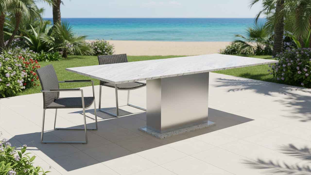 Gartentisch Sirius White – Weiß mit desenter grauer Maserung, wetterfest und edel konfiguriert.