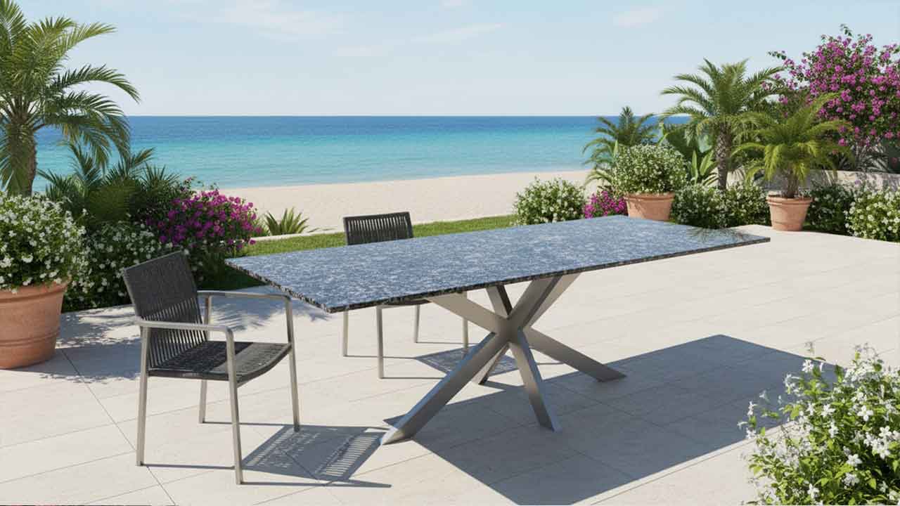Gartentisch Lumu mit Granit Tischplate Blue Pearl Edelstahl tischgestell bis 300 cm onlinekonfigurieren
