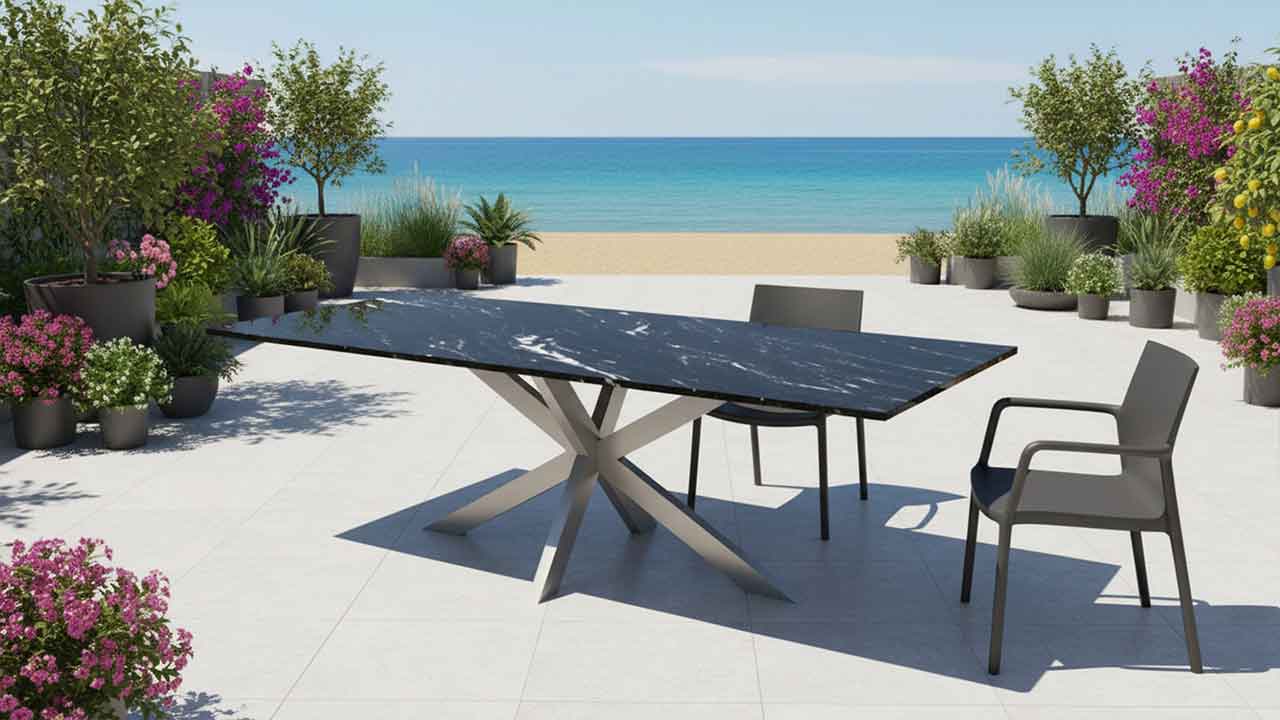Gartentisch Lumu mit Edelstahl und dunkler Steinlatte Wetterfest online konfigurieren
